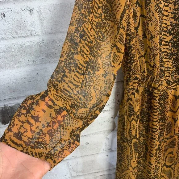 Ichi Day Dress Snakeskin Print Flowy Sheer Chiffon V-Neck Long Sleeve - Picture 4 of 12